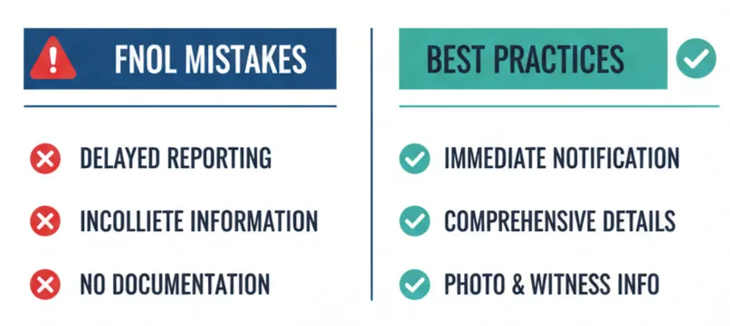 FNOL mistakes showing delayed reporting, incomplete information, and best practices for early and clear loss reporting