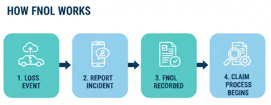 FNOL process showing how first notice of loss is reported, recorded, and used to start insurance claims