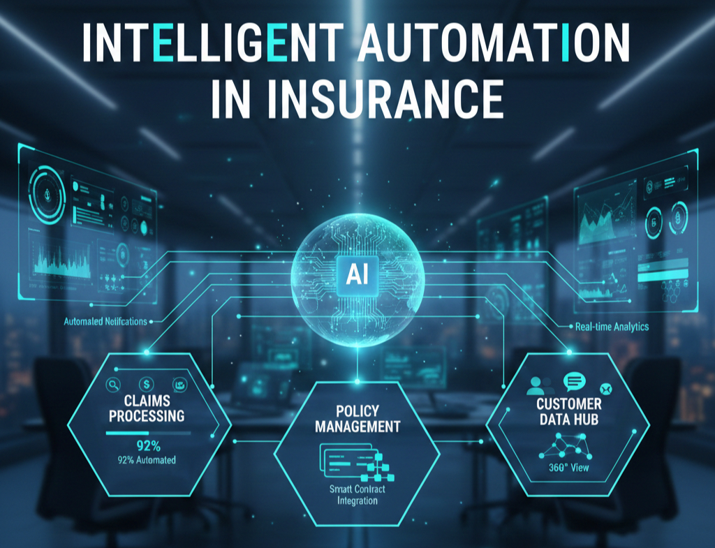 AI-powered insurance dashboard showing intelligent automation of claims, policies, and customer data.